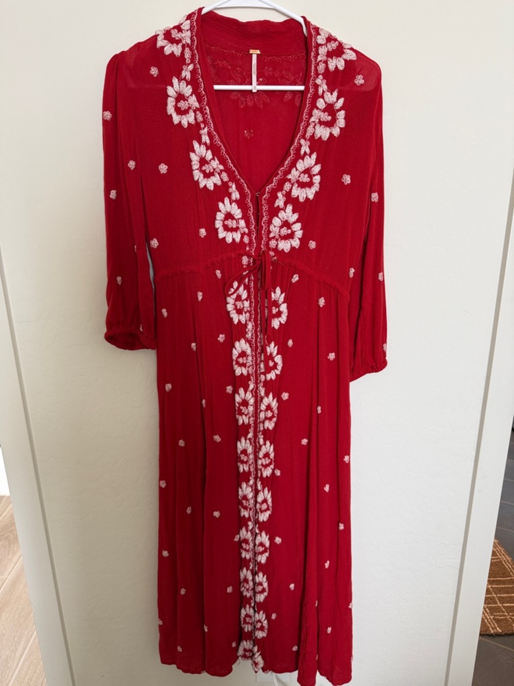 Free People Embroidered Red Midi Dress with V-Neck